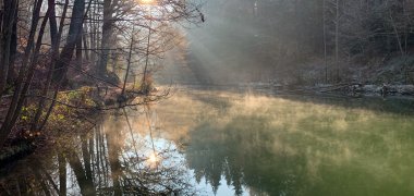 See mit Bäumen und tiefstehender Sonne