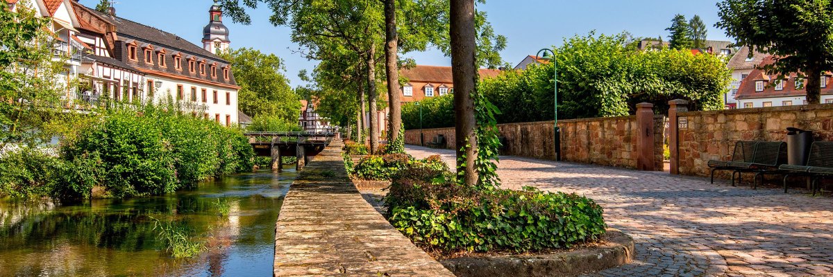 Ufer eines Flüsschens mit Stadt im Hintergrund