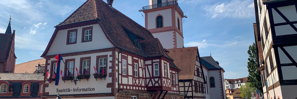 Altes Rathaus mit Fahnen und Blumen