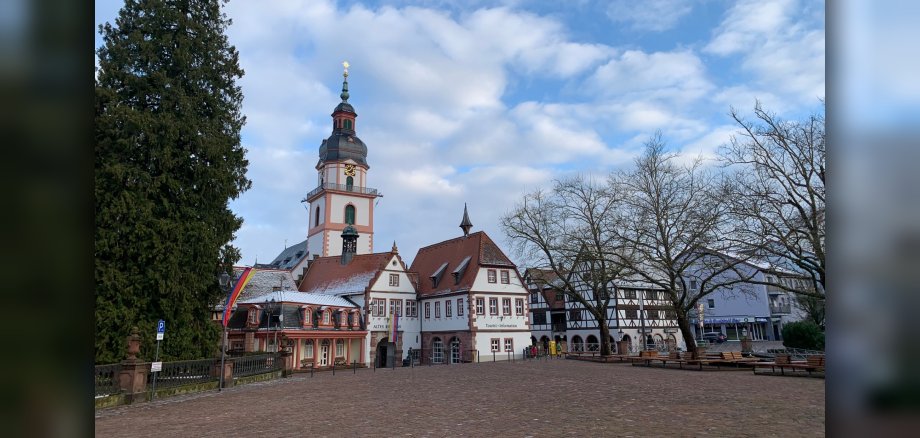 Blick auf einen historischen Marktplatz mit Schloss und Schnee auf den Dächern
