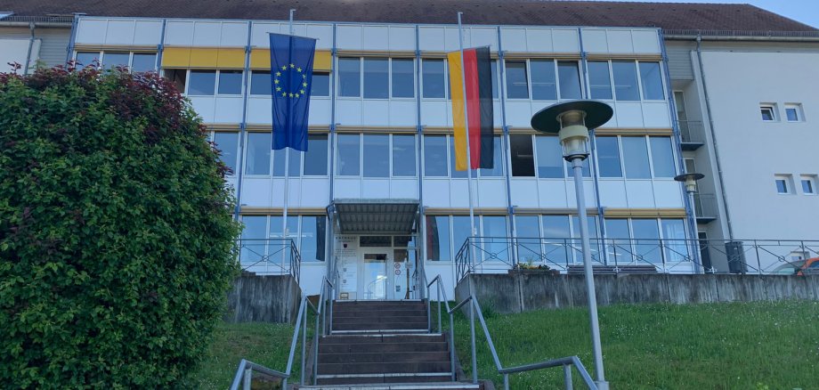 Rathauseingang mit Europa- und Deutschlandflagge