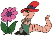 Zeichentrick-Wurm mit Schaufel und Hut sowie Blume