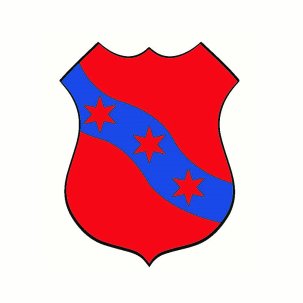 Historisches Wappen in Rot mit drei Sternen und blauem Fluss