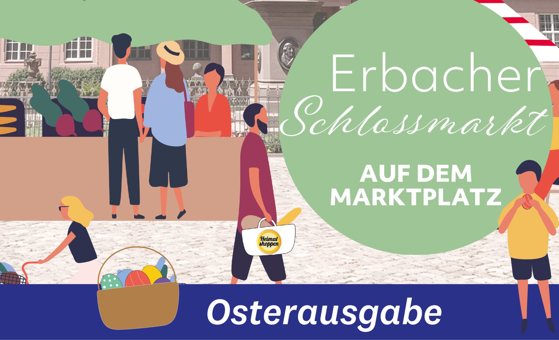 Plakat im Comic-Stil mit Figuren auf Marktplatz beim Einkaufen. Zusätzlich ein Korb mit Ostereiern.