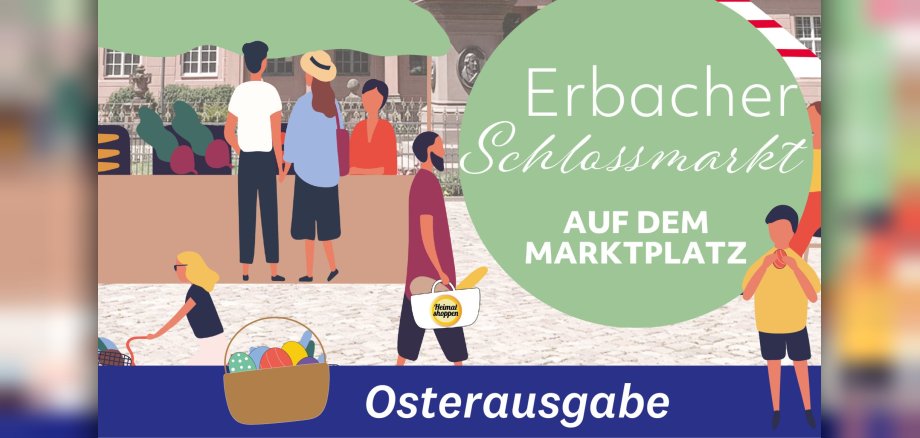 Plakat im Comic-Stil mit Figuren auf Marktplatz beim Einkaufen. Zusätzlich ein Korb mit Ostereiern.