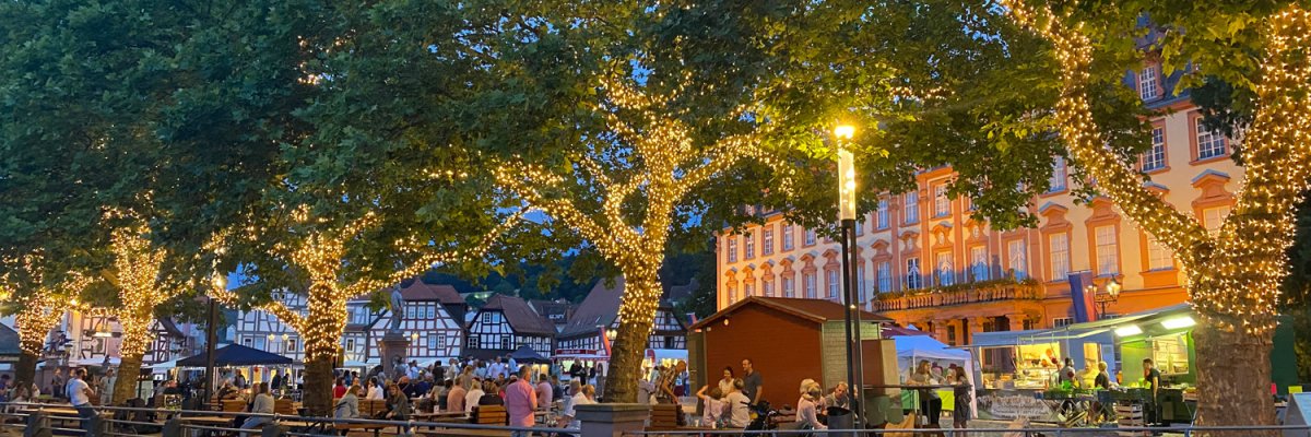 Marktgeschehen auf Marktplatz mit beleuchteten Bäumen