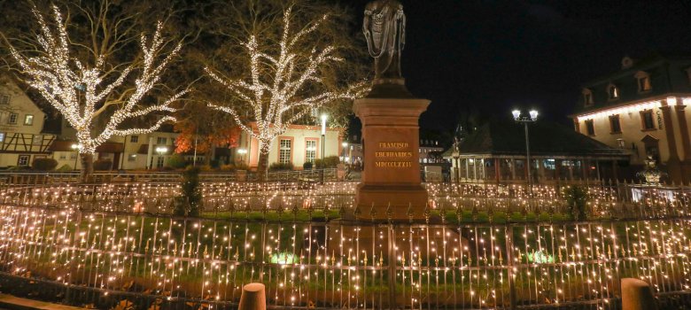 Marktplatz im Lichterglanz Statue mit beleuchteten Bäumen und Lichterketten