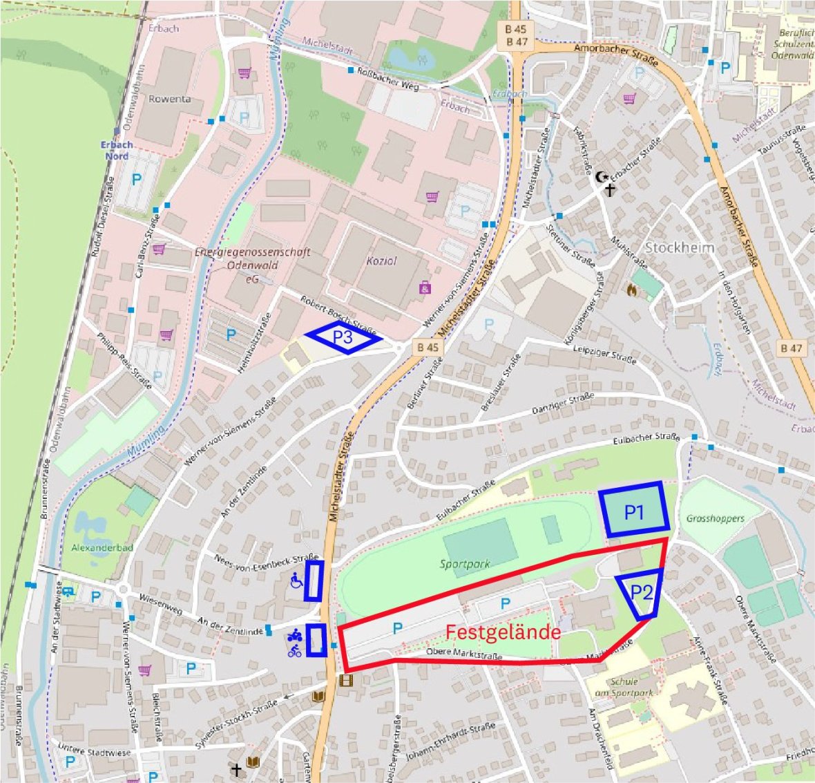 Kartenansicht Erbach mit eingezeichneten Wiesenmarkt-Parkplätzen