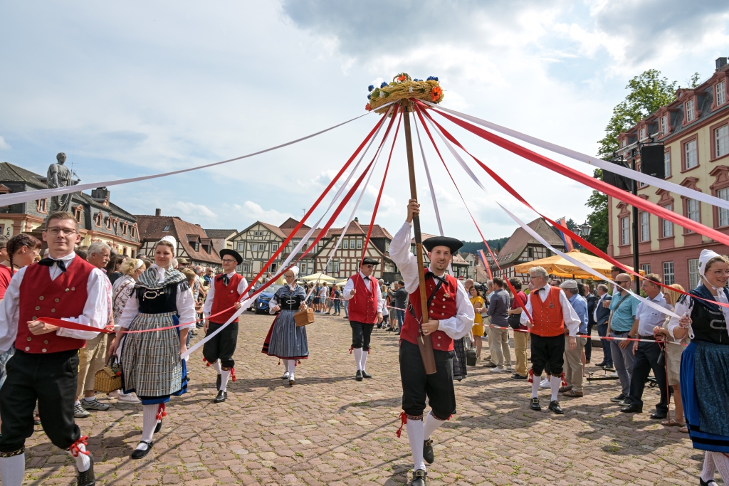 Menschen in traditioneller Tracht wirken bei Umzug mit und halten Baum mit Bändern hoch.