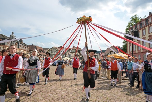 Menschen in traditioneller Tracht wirken bei Umzug mit und halten Baum mit Bändern hoch.