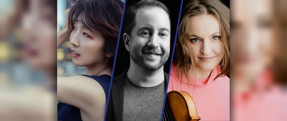 Claire Huangci, Felix Klieser und Franziska Hölscher Fotocollage von drei Musikern - zwei Frauen und ein Mann