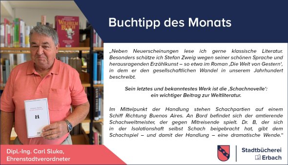 Buchtipp Carl Sluka Person mit Buch neben Textfeld