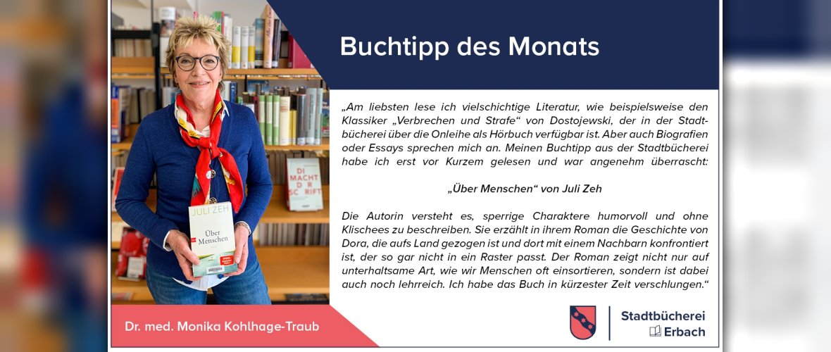 Textanzeige mit Bild von Frau vor Büchern