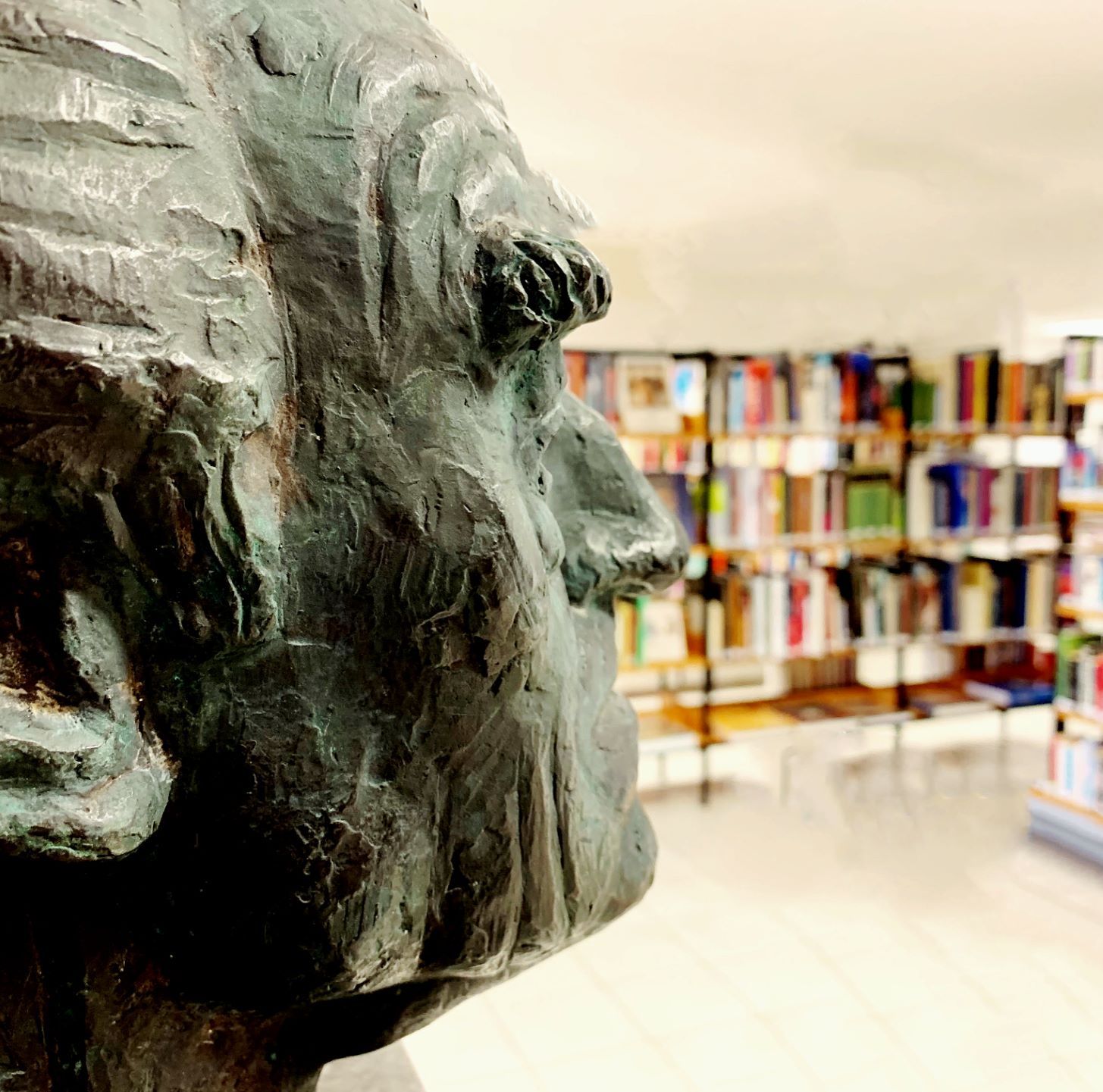 Detailaufnahme Statue mit Bücherregalen im Hintergrund