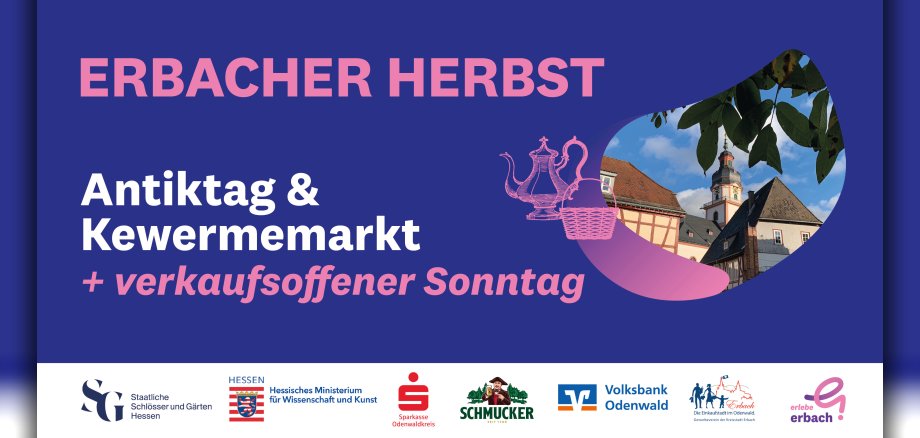 Plakat mit Bild von Kirche mit Blättern sowie Teekanne und Einkaufskorb gezeichnet