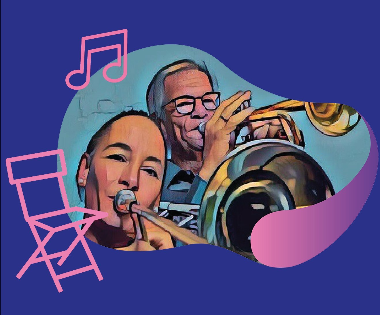 Plakat in Lila und Rosa mit Musikern, Noten und Klappstuhl