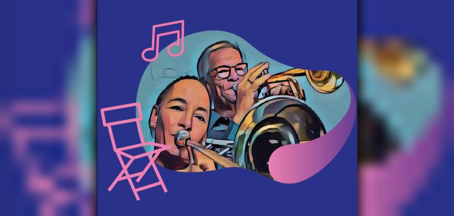 Plakat in Lila und Rosa mit Musikern, Noten und Klappstuhl