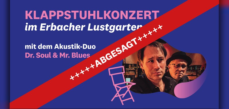 Absage Klappstuhlkonzert Plakat mit Banner in rot, der auf Absage hinweist