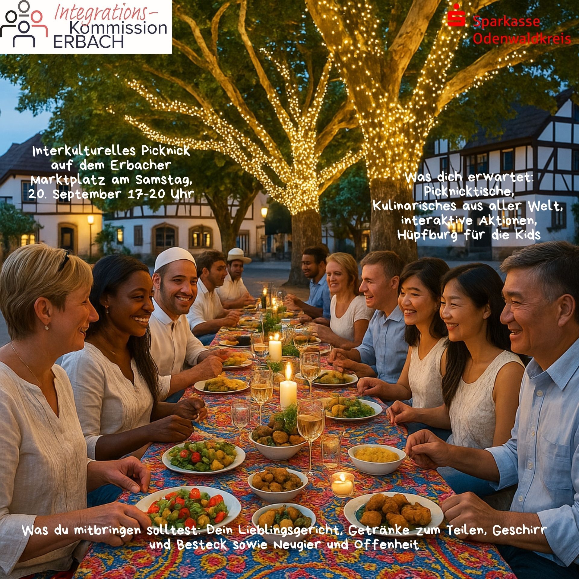 Menschen verschiedener Nation sitzen an einem Tisch und essen zusammen.