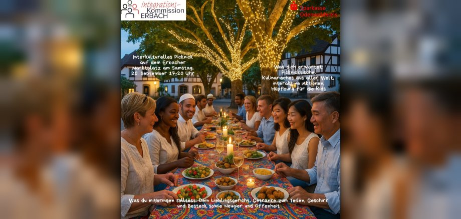 Menschen verschiedener Nation sitzen an einem Tisch und essen zusammen.