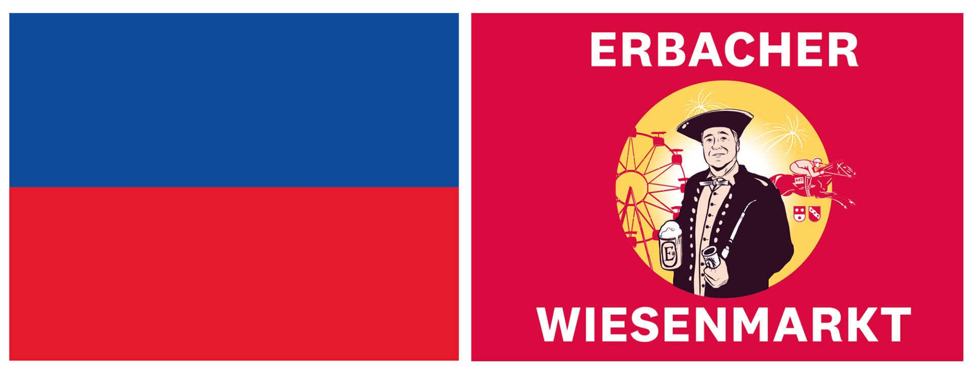 Zwei Fahnen - eine in rot & blau und eine mit einem Bauern