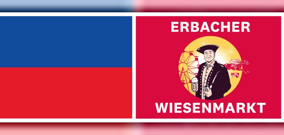 Erbach- und Wiesenmarktfahne Zwei Fahnen - eine in rot & blau und eine mit einem Bauern