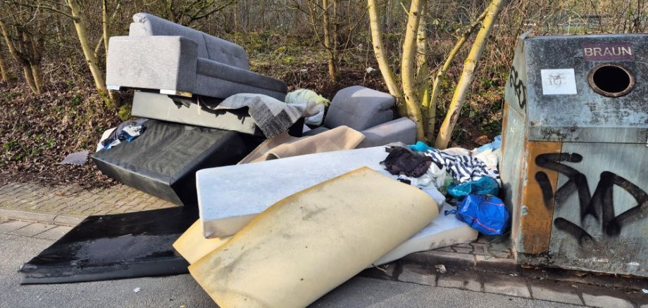 Müll und Sperrmüll, der illegal neben Müllcontainern abgeladen wurde