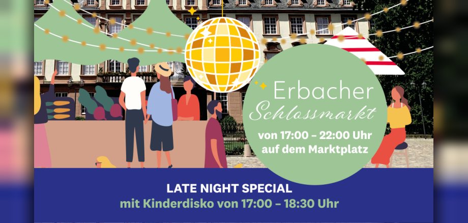 Late-Night-Special des Schlossmarkts mit Kinderdisko Plakat im Comic-Styl mit Diskokugel