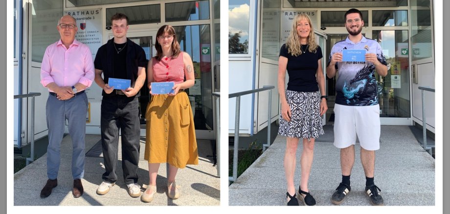 Vier Azubis der Kreisstadt Erbach schließen ihre Ausbildung erfolgreich ab. Zwei Bilder nebeneinander. Auf dem ersten Bild steht ein Mann neben einem jungen Mann und einer jungen Frau. Alle lächeln in die Kamera. Auf dem zweiten Bild steht eine Frau lächelnd neben einem jungen Mann, der ebenfalls lächelt.
