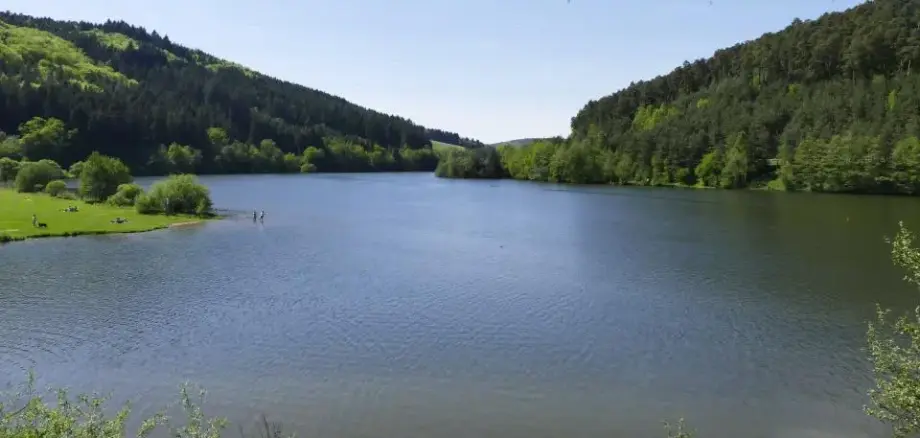 Blick auf See. Rechts und links davon Wälder.