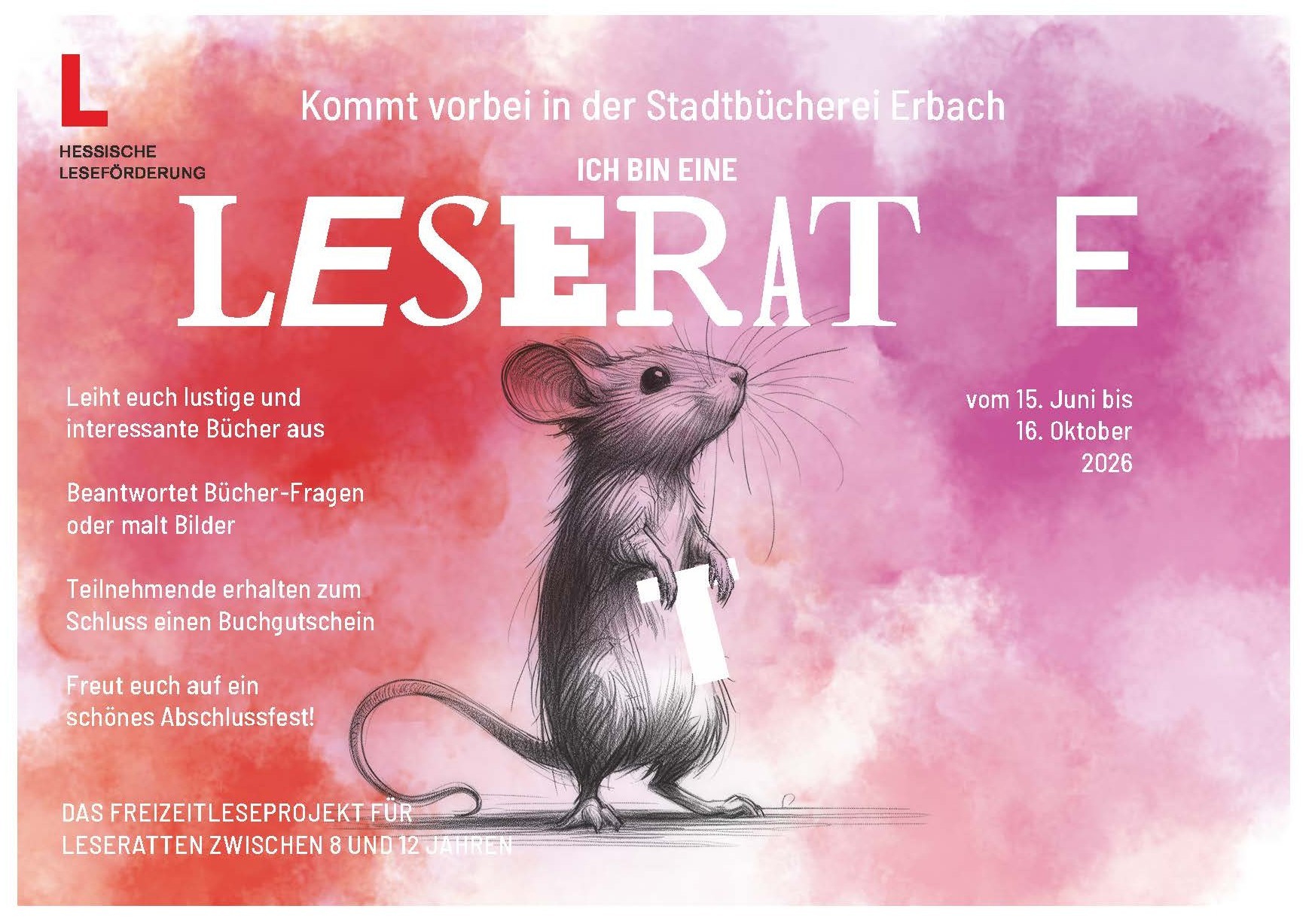 Plakat mit Informationen zur Aktion Leseratte. Es ist eine Ratte abgebildet, die den Buchstaben "T" des Worts "Leseratte" hält.