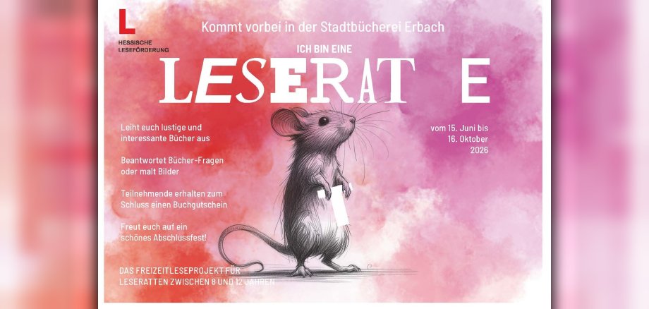 Aktion Leseratte 2026 Plakat mit Informationen zur Aktion Leseratte. Es ist eine Ratte abgebildet, die den Buchstaben "T" des Worts "Leseratte" hält.