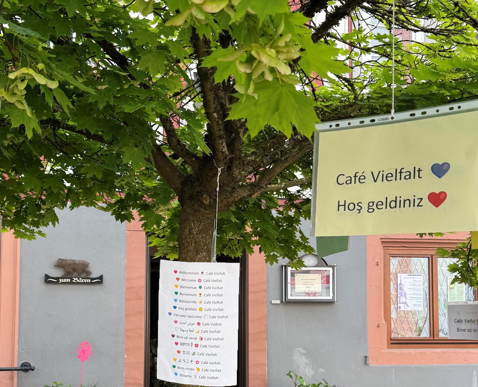 Willkommensschilder, die an einem Baum hängen