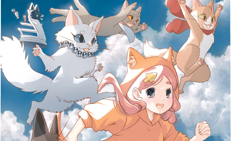 Vier Manga-Figuren - ein Mädchen mit rosa Haaren und vier Katzen