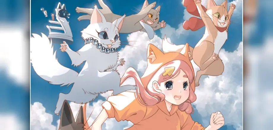 Vier Manga-Figuren - ein Mädchen mit rosa Haaren und vier Katzen