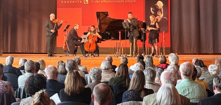 Spark-Konzert in Erbach Musikerinnen und Musiker auf einer Bühne vor Publikum