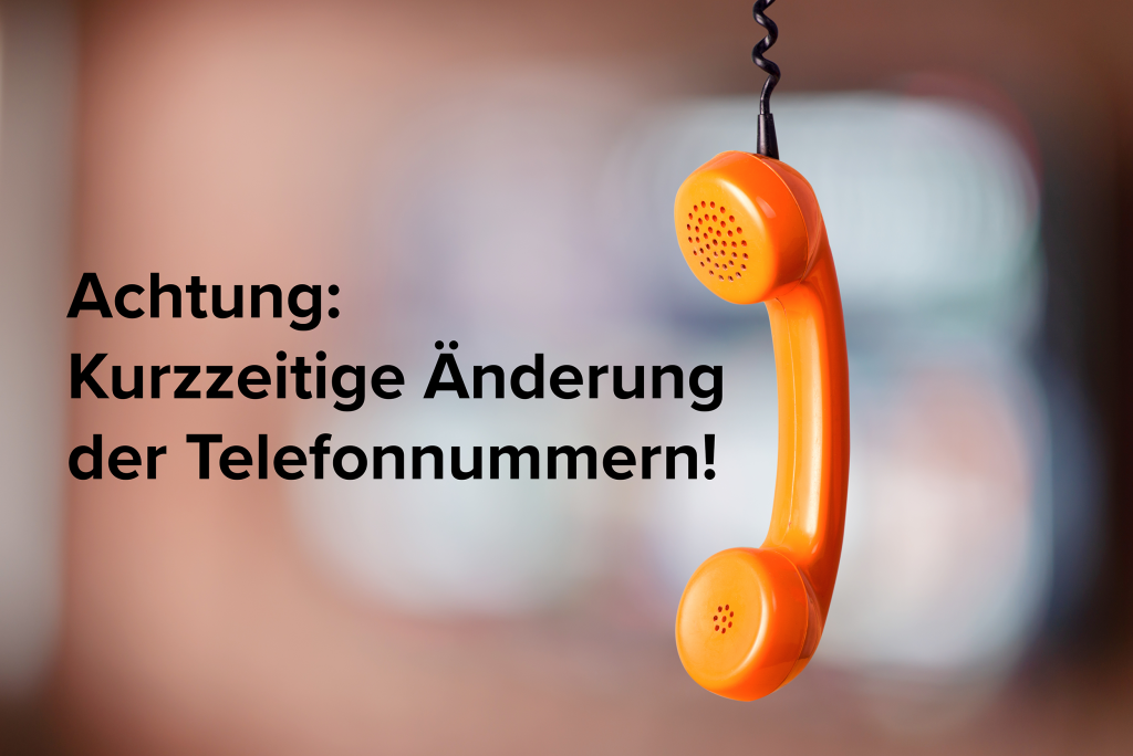 Orangener Telefonhörer, der an der Telefonschnur hängt. Daneben steht ein Hinweistext.