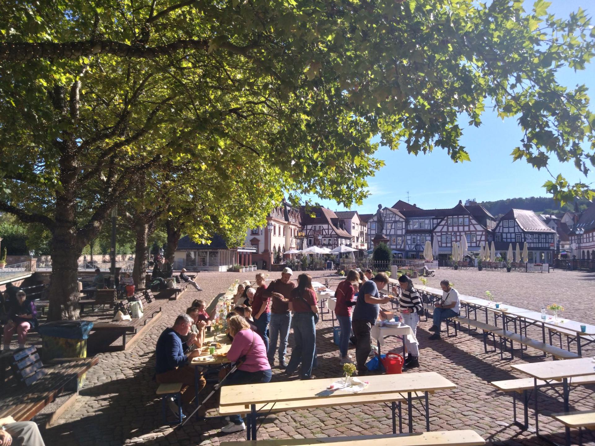 Biertischgarnituren mit vielfältigem Essen auf einem Marktplatz im Sonnenschein