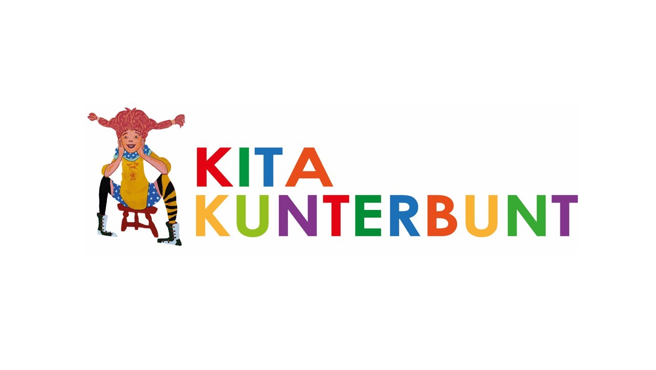 Logo der Kita Kunterbunt Logo mit bunten Buchstaben und Pipi Langstrumpf