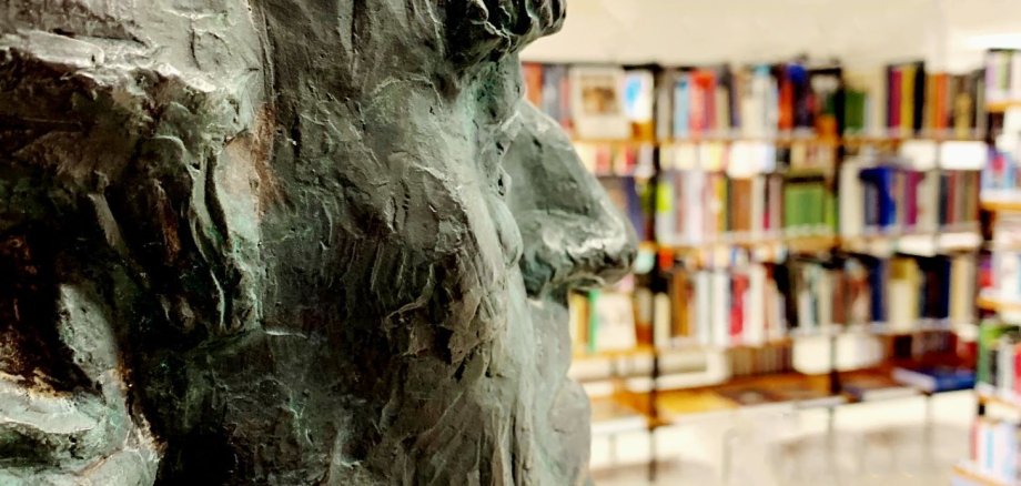 Detailaufnahme Statue mit Bücherregalen im Hintergrund