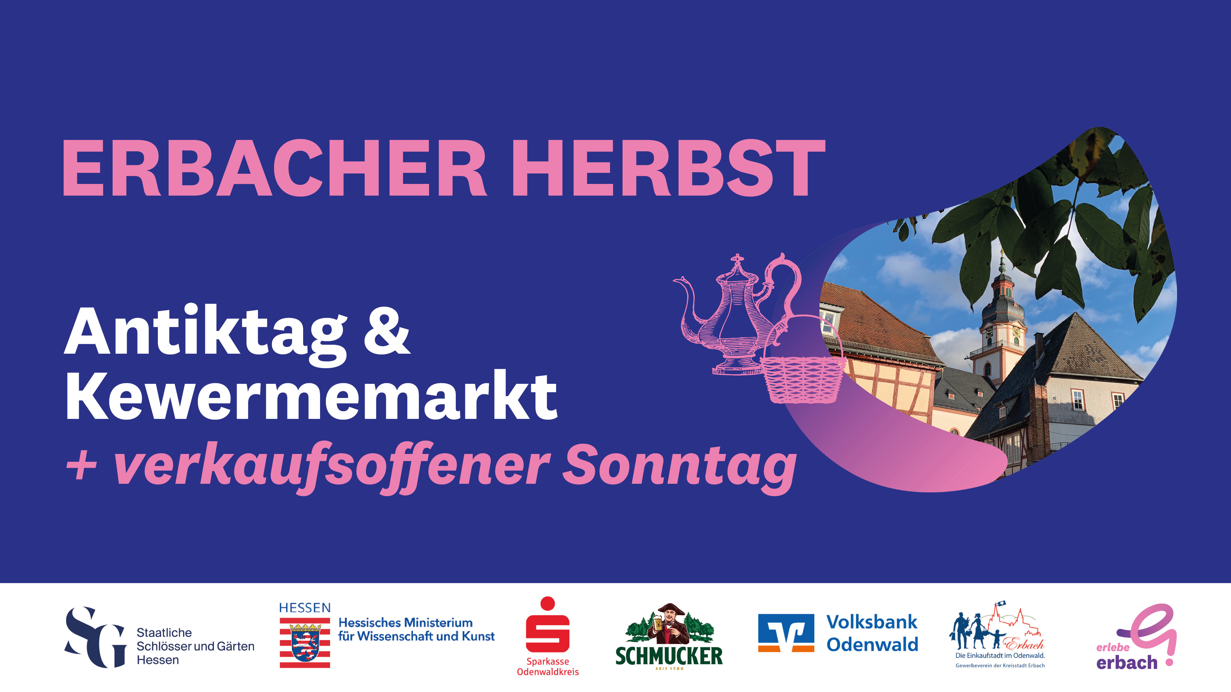 Plakat mit Bild von Kirche mit Blättern sowie Teekanne und Einkaufskorb gezeichnet