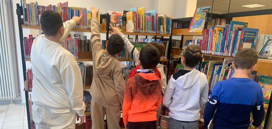 Schüler stehen vor Bücherregal und deuten auf Bücher