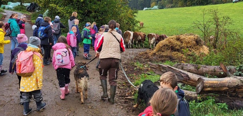 Kinder mit Rücksäcken und Regenkleidung auf Feldweg