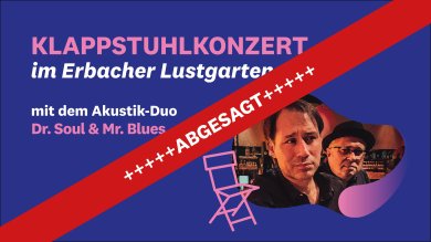 Absage Klappstuhlkonzert Plakat mit Banner in rot, der auf Absage hinweist
