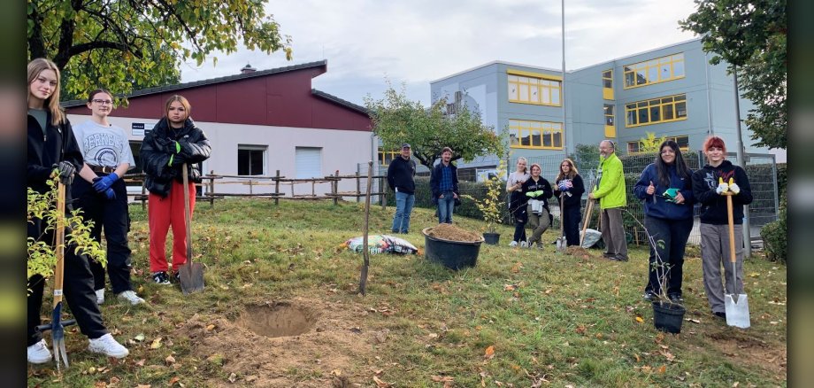 Schülerinnen und Schüler mit Spaten und Pflanzen in einem Garten