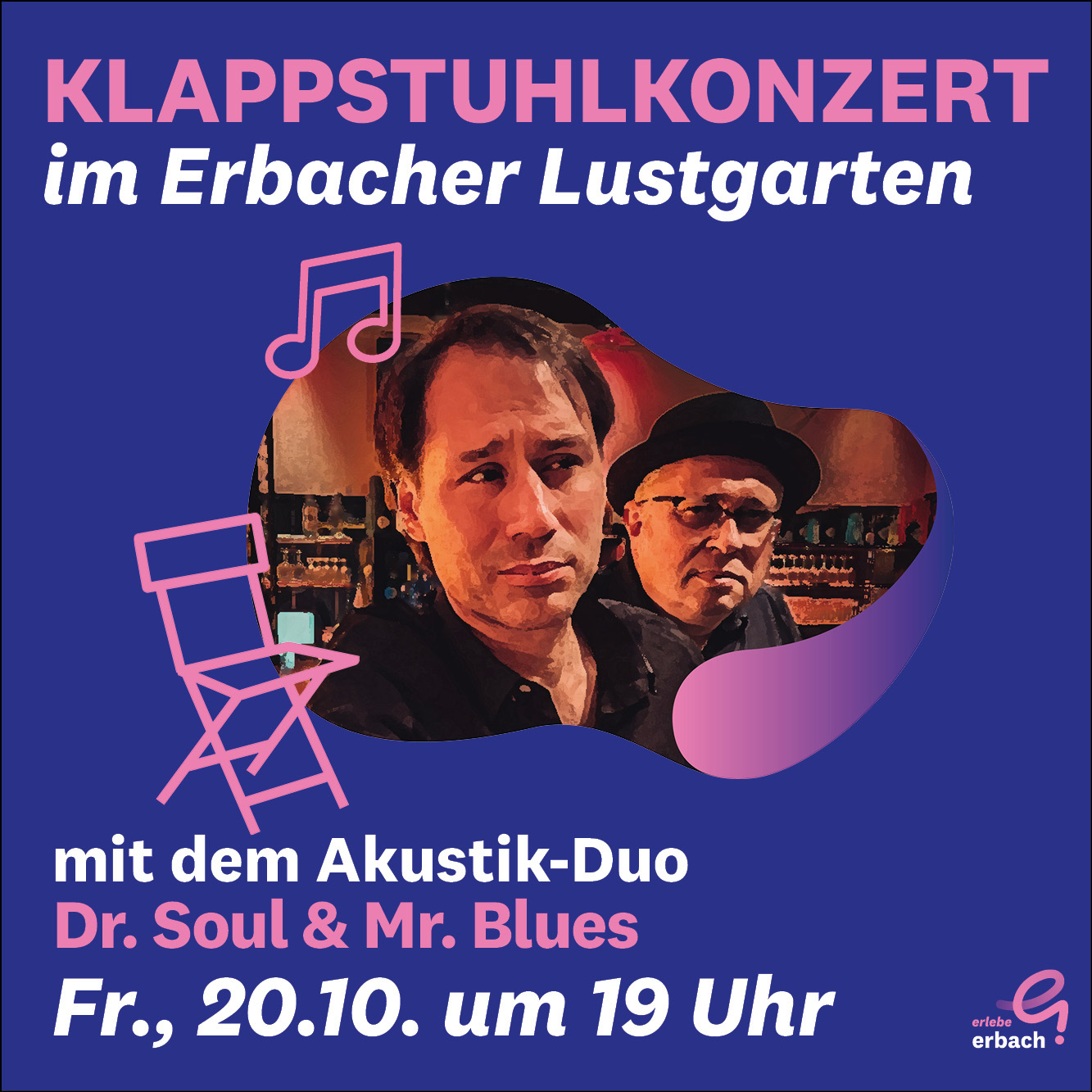 Plakat mit Bild von zwei Musikern sowie Illustration von Stuhl und Note