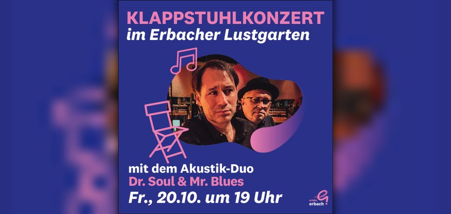 Plakat mit Bild von zwei Musikern sowie Illustration von Stuhl und Note