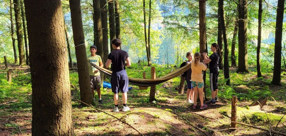 Kinder spannen Hängematten im Wald auf