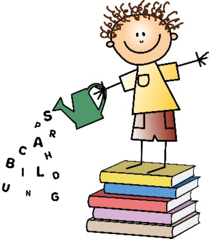 Gezeichnetes Kind steht auf Buch und hält eine Gießkanne, aus der Buchstaben kommen. 