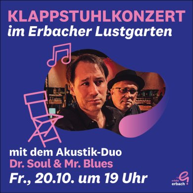 Plakat Klappstuhlkonzert Dr. Soul & Mr. Blues Plakat mit Bild von zwei Musikern sowie Illustration von Stuhl und Note